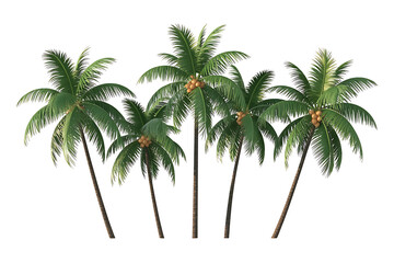 Tall palm trees with lush green fronds and coconuts against a white background.
