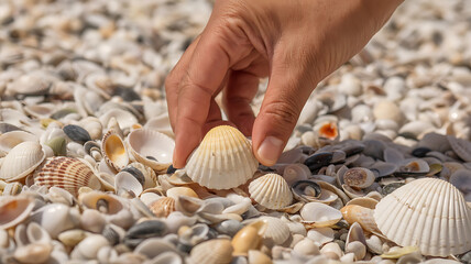 Hand reaches down to pick up a seashell amidst a collection of colorful shells.