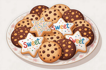 Assorted cookies on a plate, including chocolate chip and star-shaped varieties, look delicious.