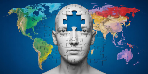 Human head shaped like a puzzle with world map pieces, representing global thought and interconnectedness.