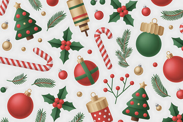 Festive pattern with Christmas trees, ornaments, candy canes, and holly berries.