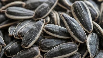 Abundant sunflower seeds fill the frame, showcasing their striped patterns and textured surfaces.