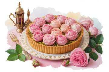 Delicate pink roses adorn a pistachio tart, evoking elegance and a sweet, floral indulgence.