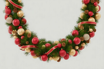 Festive evergreen wreath adorned with red, gold, and silver ornaments, conveying holiday cheer.
