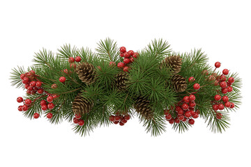 Festive evergreen garland with pinecones and bright red berries, evokes holiday warmth and cheer.
