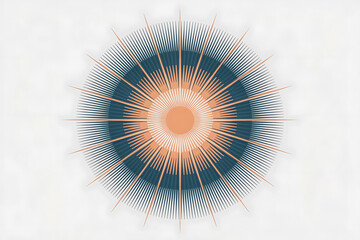 Abstract radial design with concentric circles in orange, blue, and white, radiating outwards.