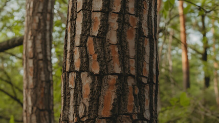 Tall, textured tree trunks rise amidst lush greenery, creating a serene forest scene.