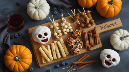Festive Halloween treats arranged on a wooden board, pumpkins, and spooky decorations abound.