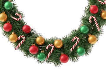Festive evergreen garland adorned with colorful baubles, candy canes, and shimmering ornaments.