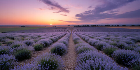 Vibrant lavender field stretches towards a colorful sunset sky, evoking tranquility and natural beauty.