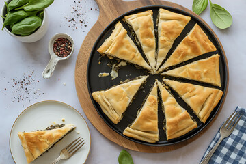 A savory pie with a unique pattern, served on a wooden board with fresh herbs.