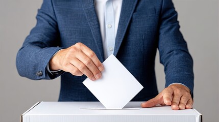 Man in formal blue suit casting vote inserting ballot paper into box during election process