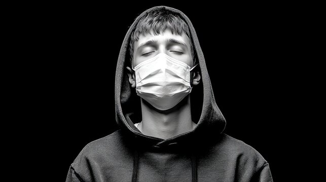 Young man in hoodie wearing protective face mask with closed eyes on black background expressing calm and isolation
