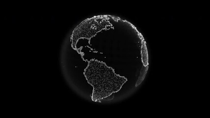 Digital white dotted planet earth loop animation isolated on a black background. Rotating stylized world globe with square particles. Big data technology, business, communication, or digital concept - Powered by Adobe