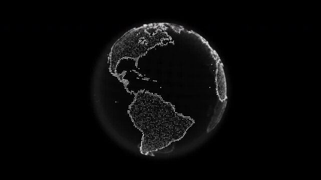 Digital white dotted planet earth loop animation isolated on a black background. Rotating stylized world globe with square particles. Big data technology, business, communication, or digital concept