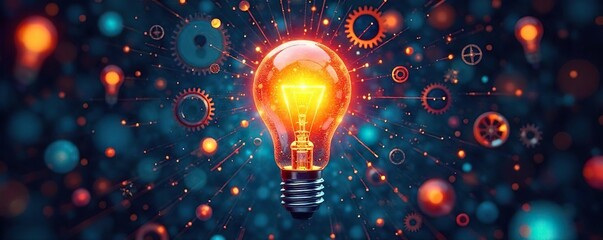Innovative Brainstorming Vibrant Lightbulbs, Gears, and Tech Symbolize Focused Invention and Collaborative Energy in a Creative Setting
