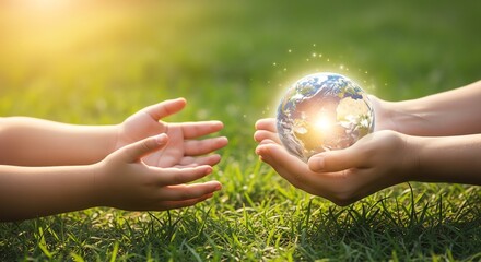 Hands holding globe over green grass