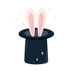 Bunny ears in a hat. Vector illustration of a magic hat, icon isolated on white background.