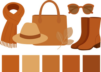 Flat vector illustration of autumn fashion accessories with matching color palette. Includes bag, hat, scarf, boots, and sunglasses in warm brown tones for seasonal design projects.
