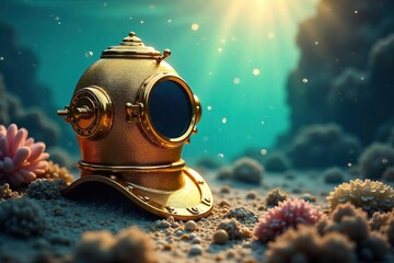 Sunken Treasure A Glittering Gold Diving Helmet Rests on a Sunlit Seabed, Evoking Underwater Adventure and Exploration