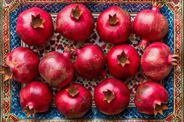 A Vibrant Collection of Pomegranates on an Ornate Tray, Showcasing Autumns Rich Colors and Textures