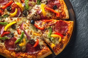 Delicious Pepperoni Pizza With Colorful Peppers, Onions, and Olives on a Golden Crust