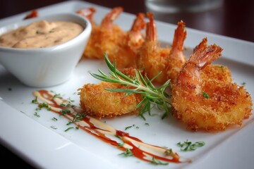 Crispy Fried Shrimp with Dipping Sauce and Rosemary Garnish on White Plate - Gourmet Appetizer