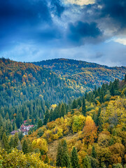 Misty Autumn Rain Clouds over Ukrainian Carpathian Mountains.