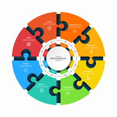 Modern circular infographic template with eight connected puzzle segments. Vector diagram with 8 steps, parts, options. Can be used for business report, analytics, data visualization and presentation.