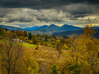 Misty Autumn Rain Clouds over Ukrainian Carpathian Mountains.