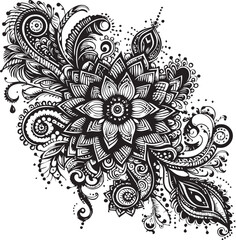 Black and White Mehndi Design Vector | Intricate Henna Art Illustration