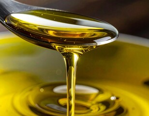 Golden olive oil pouring from spoon into glass bowl, close-up macro shot