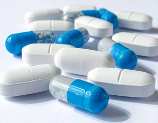 Blue and white capsules and tablets on white background