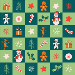 Christmas holiday pattern and seamless cartoon Santa Claus with festive elements such as tree, snow, presents, deer and snowman suitable for fabric and paper designs.