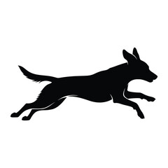 Black silhouette of a dog running with its ears up and tail wagging in motion vector