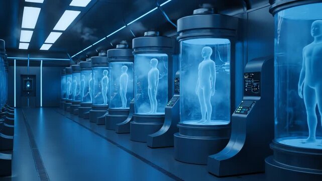 Futuristic Human Cloning Facility with Glowing Blue Pods and Human Forms.