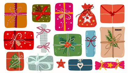 Colorful Christmas gift boxes and festive bags set