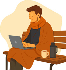 Flat vector illustration of a man sitting on a bench with a laptop, coffee, and thermos. Cozy autumn concept for freelance work, remote job, or studying outdoors.