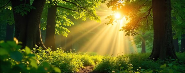 Golden Hour Sunlight Streaming Through Lush Forest, Dappled Light and Shadows Create a Magical, Tranquil Scene - Breathtaking Nature Wallpaper
