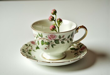 Elegant white teacup and saucer set adorned with delicate floral rose motifs, showcasing intricate vintage design and a touch of nature with budding pink roses.