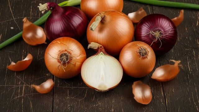 Assorted onions and green onion stalks on a dark wood surface