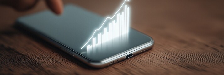 Smartphone glowing with holographic chart displaying financial performance on wooden desk