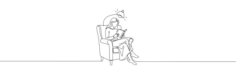 Continuous one-line drawing of a woman reading a book in an armchair under a lamp, depicting relaxation, education, and cozy indoor activities.