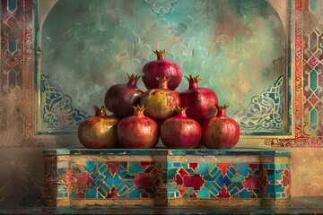 Arrangement of Fresh Pomegranates in Ornate Background with Rich Autumn Colors and Textures