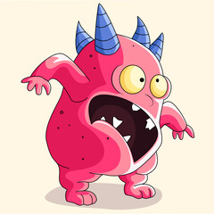 Красный мультяшный монстр с синими рогами