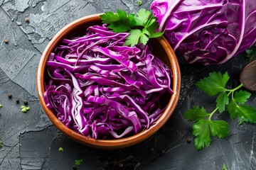 Close-Up of Freshly Chopped Red Cabbage in a Bowl with Garnish for a Vibrant Still Life Image
