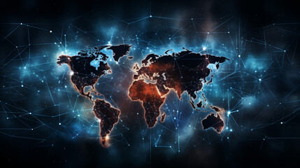 futuristic world map and global network connections: digital data flow, worldwide communication technology, internet grid, and abstract cyber security concept background