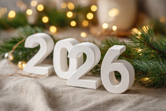 White wood 2026 numbers on linen surface, decorated with golden lights and pine sprigs