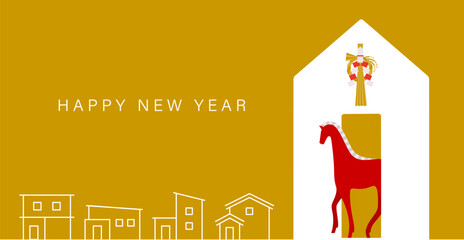年賀状素材：赤い馬と家のシンプルでおしゃれな新年デザイン（住宅・リフォーム・保険・金融向け）