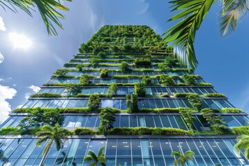 Innovative skyscraper office design featuring lush rooftop greenery and vibrant tropical plants
